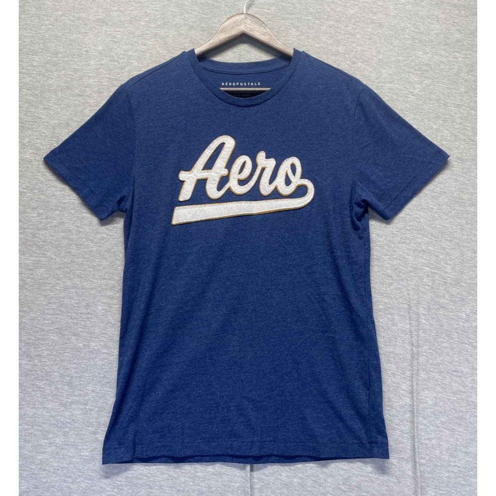 Aeropostale T Shirt Unisex Medium Heather Blue Applique Aero Script Logo Cotton